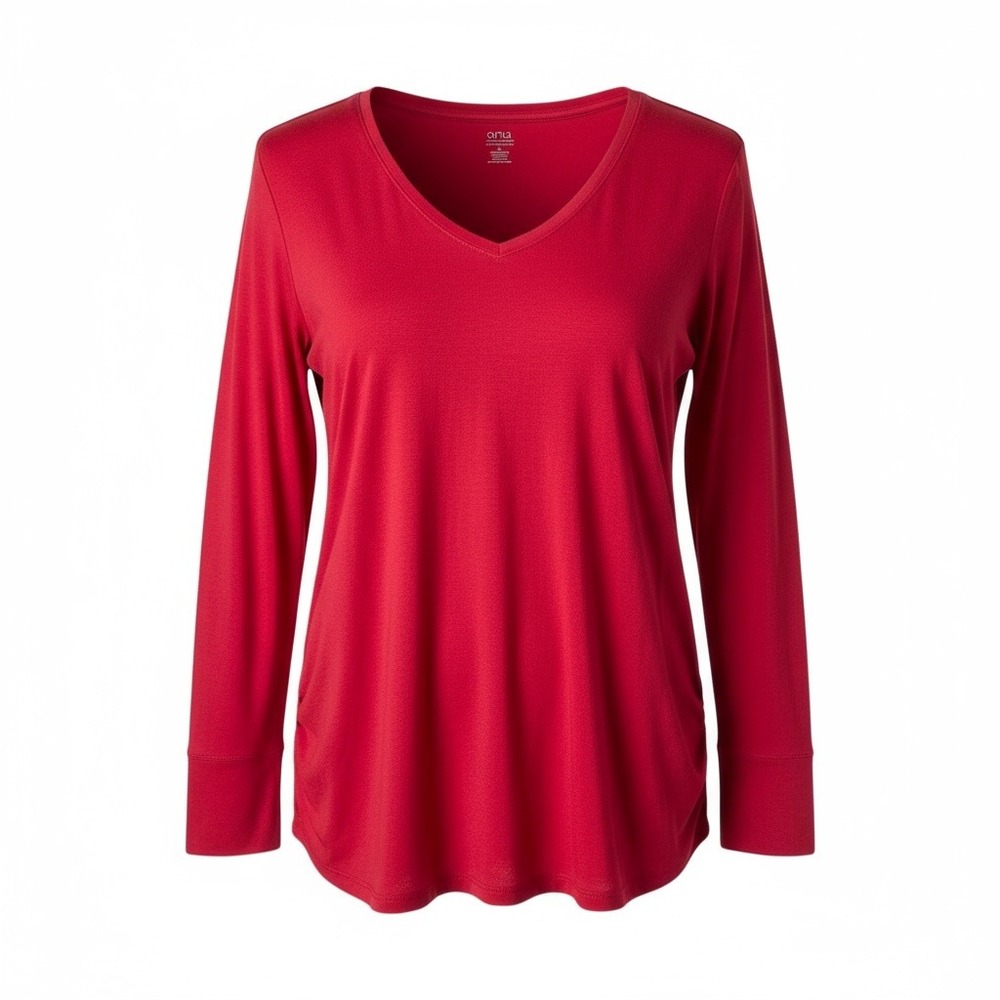 A.N.A. Maternity Ruched Red Long Sleeve Jersey Top 1X Casual V-neck Tee‎